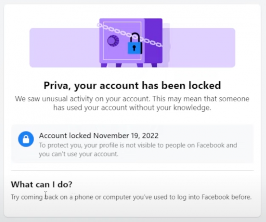 Facebook просит войти с предыдущего устройства или обход your account hass been locked Фейсбук