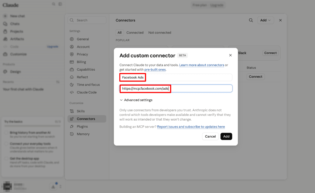 facebook ads mcp connector claude 3