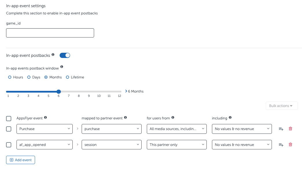 Настройка передачи событий и окна обратной передачи в интерфейсе AppsFlyer